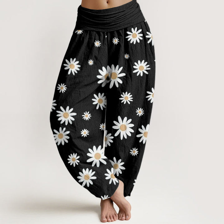 Buddha Stones Lässige Haremshose für Damen mit weißem Gänseblümchenmuster und elastischer Taille - Schwarz - US22， UK/AU26，EU54 (6XL) - image 1