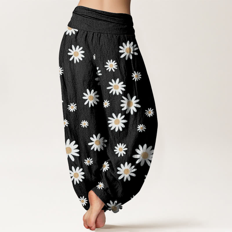 Buddha Stones Lässige Haremshose für Damen mit weißem Gänseblümchenmuster und elastischer Taille - image 2