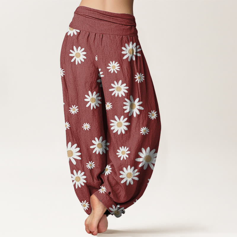 Buddha Stones Lässige Haremshose für Damen mit weißem Gänseblümchenmuster und elastischer Taille - image 6