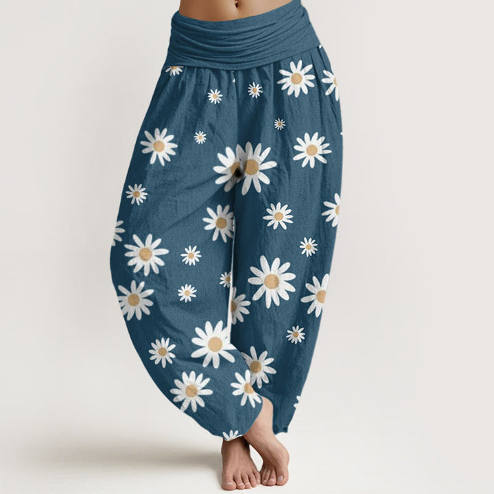 Buddha Stones Lässige Haremshose für Damen mit weißem Gänseblümchenmuster und elastischer Taille - Stahlblau - US22， UK/AU26，EU54 (6XL) - image 8