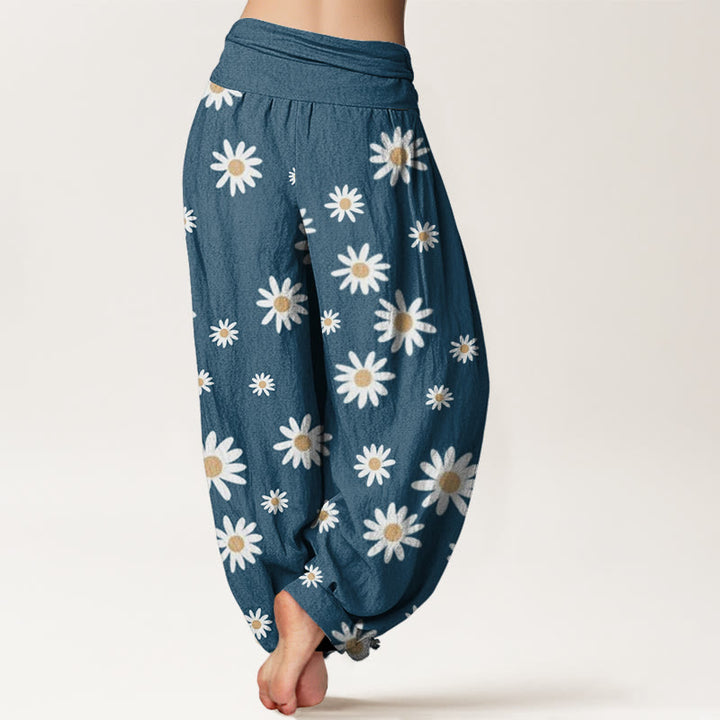 Buddha Stones Lässige Haremshose für Damen mit weißem Gänseblümchenmuster und elastischer Taille - image 9
