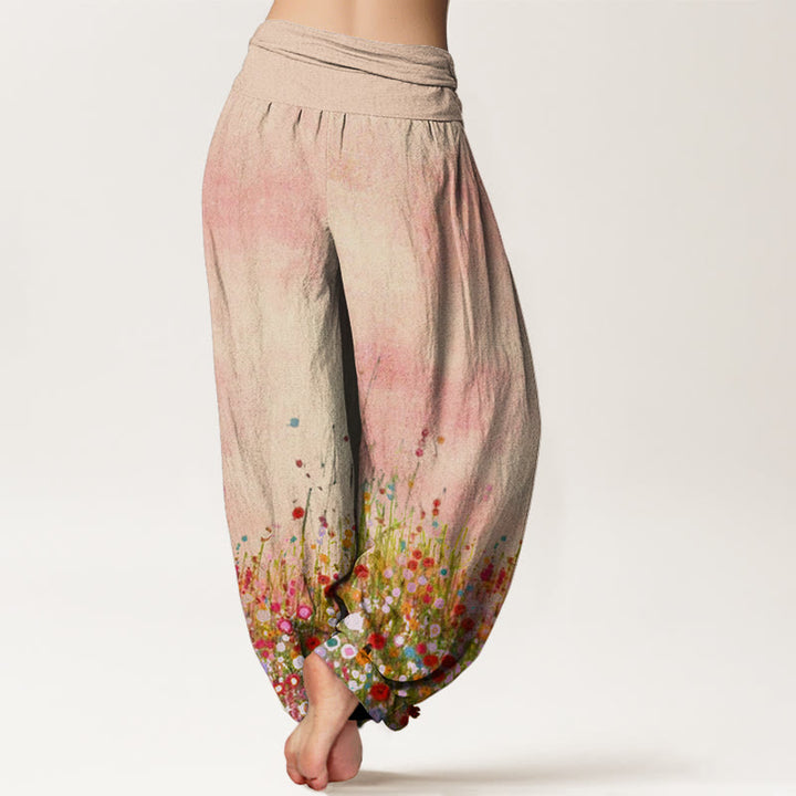 Lässige Haremshose aus Baumwolle mit Buddha Stones -Motiv, buntem Wildblumenmuster und elastischem Bund für Damen. - image 1