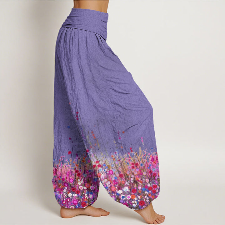 Lässige Haremshose aus Baumwolle mit Buddha Stones -Motiv, buntem Wildblumenmuster und elastischem Bund für Damen. - image 6