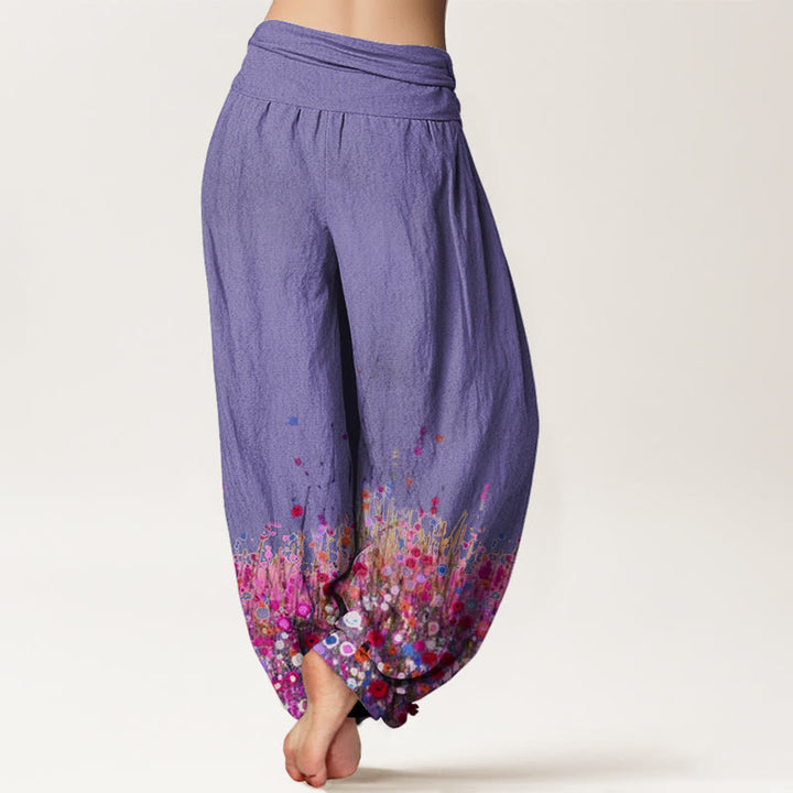 Lässige Haremshose aus Baumwolle mit Buddha Stones -Motiv, buntem Wildblumenmuster und elastischem Bund für Damen. - image 5