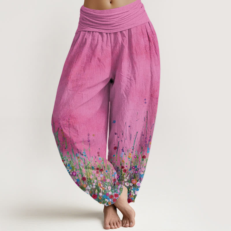 Lässige Haremshose aus Baumwolle mit Buddha Stones -Motiv, buntem Wildblumenmuster und elastischem Bund für Damen. - Tiefrosa - US22, UK/AU26, EU54 (6XL) - image 7