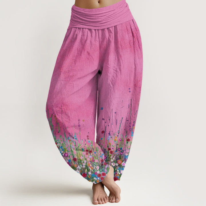 Lässige Haremshose aus Baumwolle mit Buddha Stones -Motiv, buntem Wildblumenmuster und elastischem Bund für Damen. - Tiefrosa - US22, UK/AU26, EU54 (6XL) - image 7