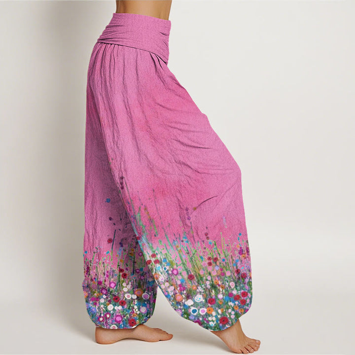 Lässige Haremshose aus Baumwolle mit Buddha Stones -Motiv, buntem Wildblumenmuster und elastischem Bund für Damen. - image 9