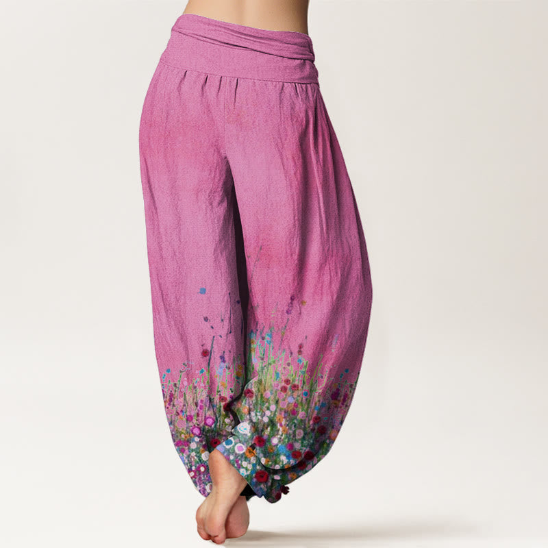 Lässige Haremshose aus Baumwolle mit Buddha Stones -Motiv, buntem Wildblumenmuster und elastischem Bund für Damen. - image 8