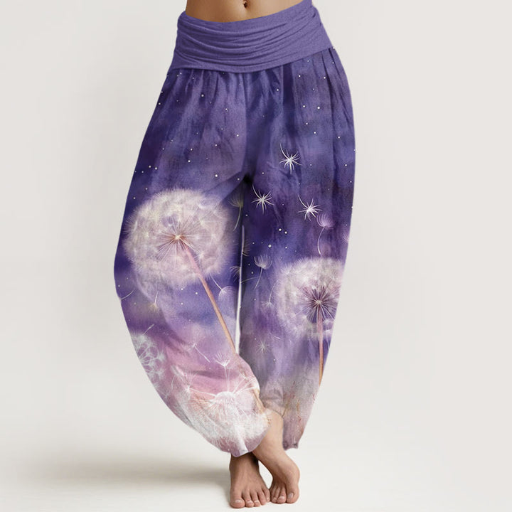 Lässige Haremshose aus Baumwolle mit Buddha Stones und Löwenzahnmuster für Damen mit elastischem Bund - Dunkelviolett - US22, UK/AU26, EU54 (6XL) - image 0