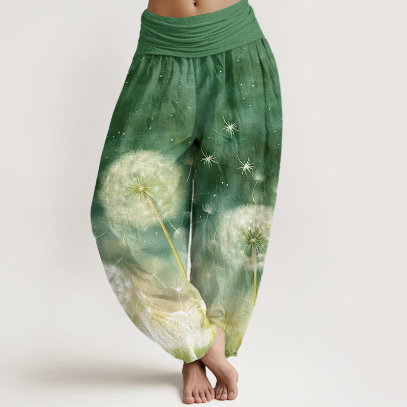 Lässige Haremshose aus Baumwolle mit Buddha Stones und Löwenzahnmuster für Damen mit elastischem Bund - Waldgrün - US22, UK/AU26, EU54 (6XL) - image 7