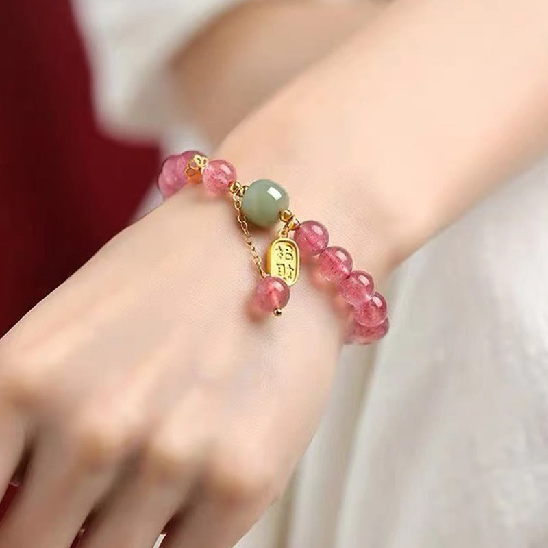 Buddha Stones Natürliches Erdbeerquarz Fu Charakter Jade Positives Heilungsarmband