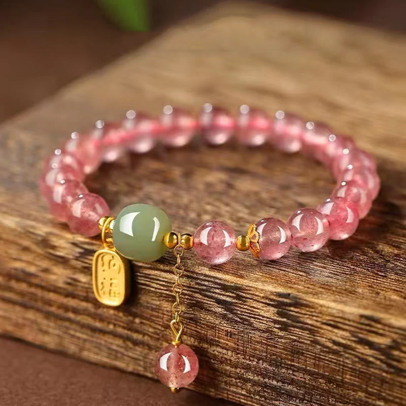 Buddha Stones Natürliches Erdbeerquarz Fu Charakter Jade Positives Heilungsarmband