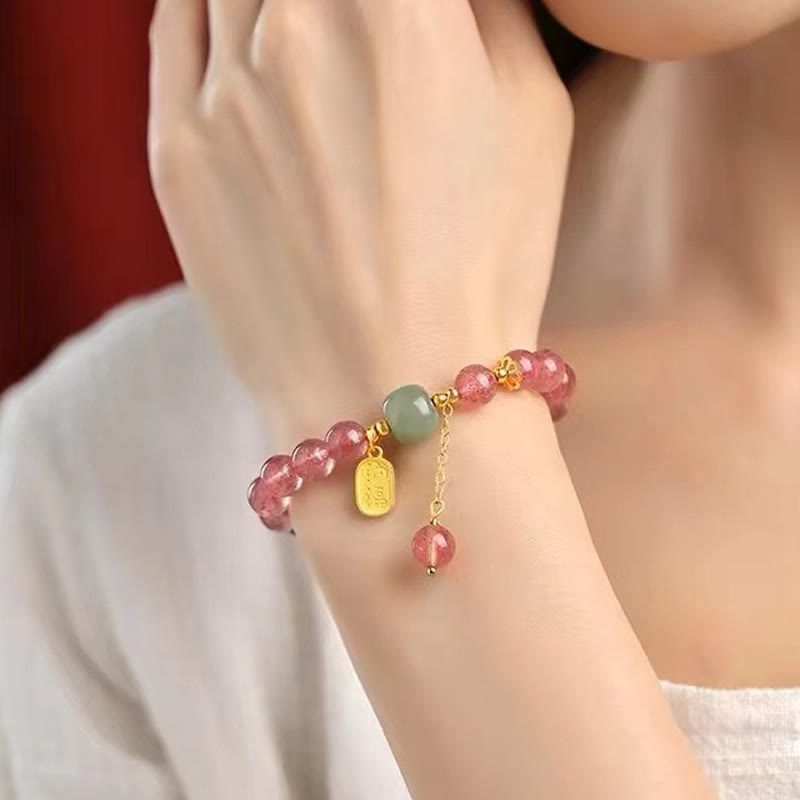 Buddha Stones Natürliches Erdbeerquarz Fu Charakter Jade Positives Heilungsarmband