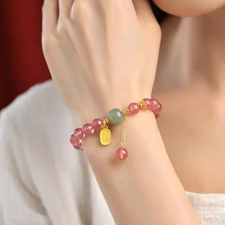 Buddha Stones Natürliches Erdbeerquarz Fu Charakter Jade Positives Heilungsarmband
