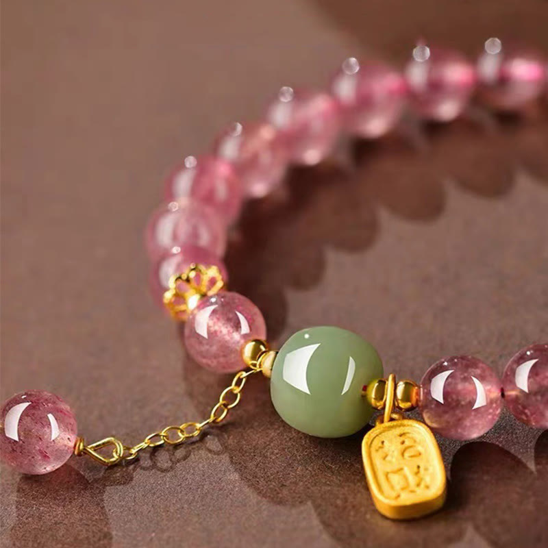 Buddha Stones Natürliches Erdbeerquarz Fu Charakter Jade Positives Heilungsarmband