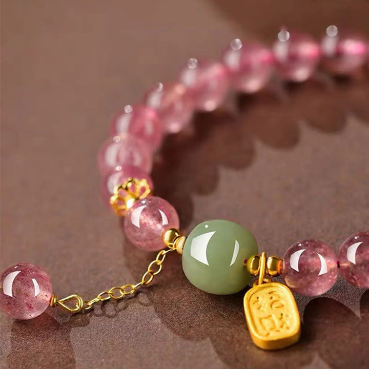 Buddha Stones Natürliches Erdbeerquarz Fu Charakter Jade Positives Heilungsarmband