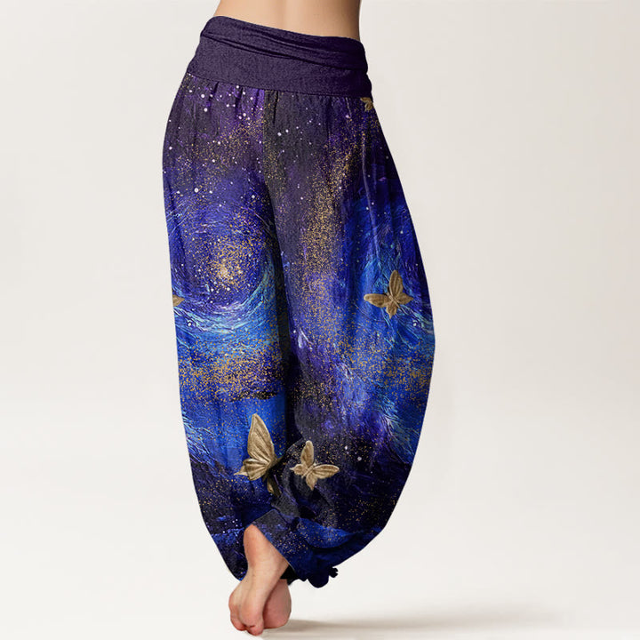 Buddha Stones Casual Nebulae Butterfly Pattern Damen Haremshose mit elastischer Taille