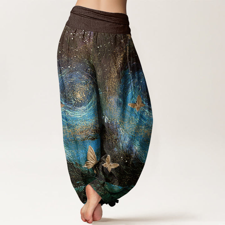 Buddha Stones Casual Nebulae Butterfly Pattern Damen Haremshose mit elastischer Taille