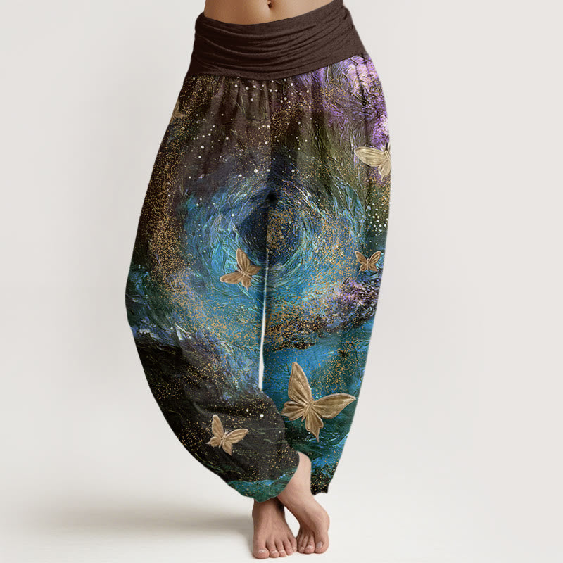 Buddha Stones Casual Nebulae Butterfly Pattern Damen Haremshose mit elastischer Taille