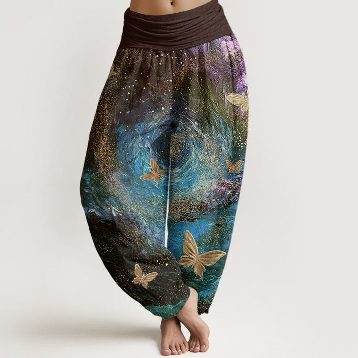 Buddha Stones Casual Nebulae Butterfly Pattern Damen Haremshose mit elastischer Taille
