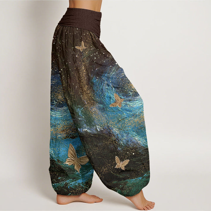 Buddha Stones Casual Nebulae Butterfly Pattern Damen Haremshose mit elastischer Taille