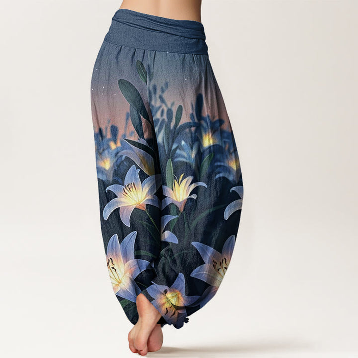 Buddha Stones Lässige Haremshose mit Lilienmuster für Damen, elastische Taille - image 2