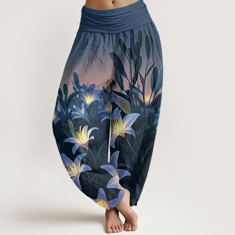 Buddha Stones Lässige Haremshose mit Lilienmuster für Damen, elastische Taille - Dunkelblau - US22， UK/AU26，EU54 (6XL) - image 1
