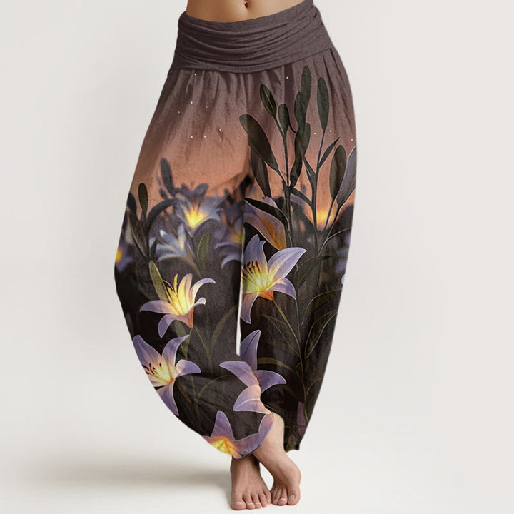 Buddha Stones Lässige Haremshose mit Lilienmuster für Damen, elastische Taille - Sattelbraun - US22， UK/AU26，EU54 (6XL) - image 5