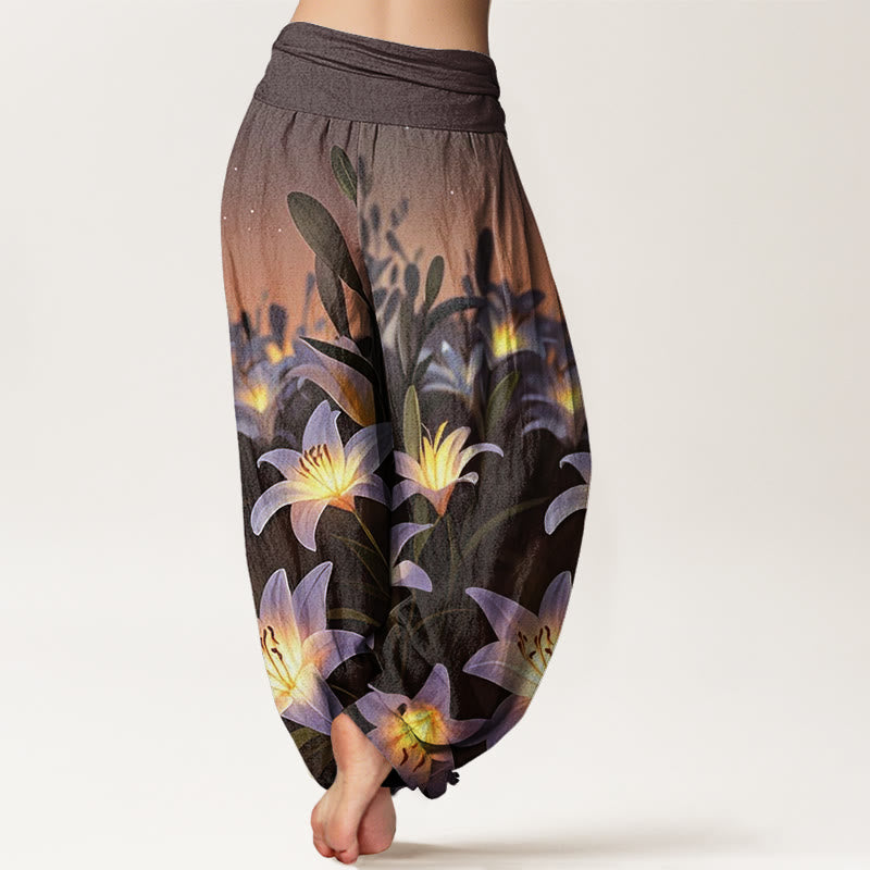 Buddha Stones Lässige Haremshose mit Lilienmuster für Damen, elastische Taille - image 6