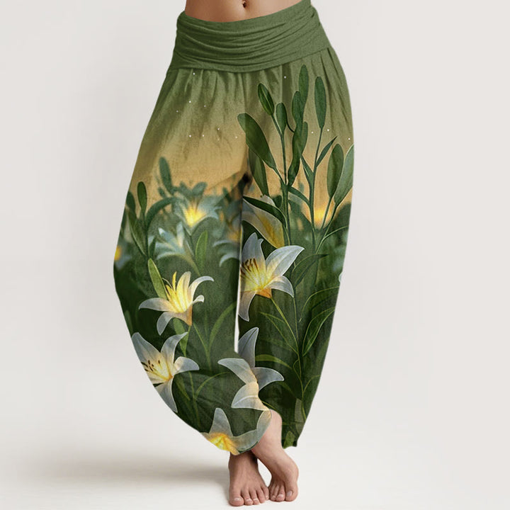 Buddha Stones Lässige Haremshose mit Lilienmuster für Damen, elastische Taille - Olivgrün - US22， UK/AU26，EU54 (6XL) - image 8