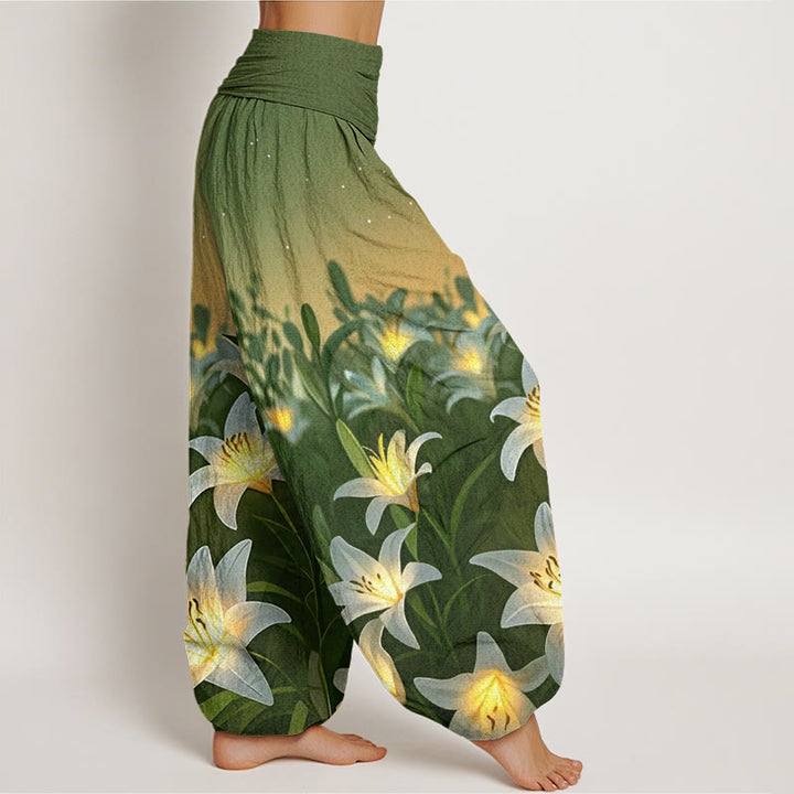 Buddha Stones Lässige Haremshose mit Lilienmuster für Damen, elastische Taille - image 10