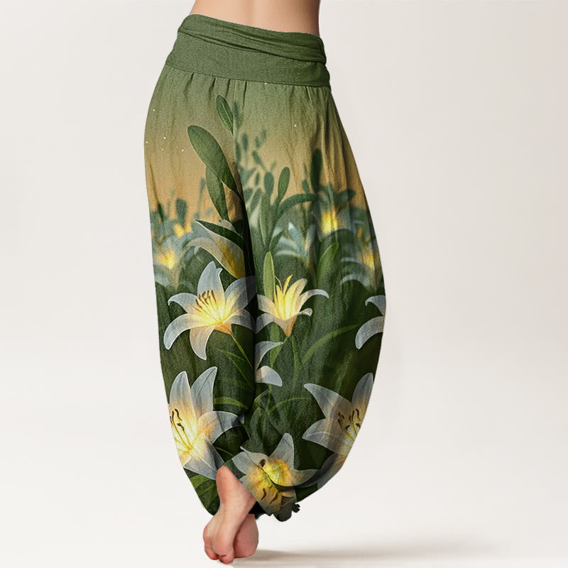 Buddha Stones Lässige Haremshose mit Lilienmuster für Damen, elastische Taille - image 9
