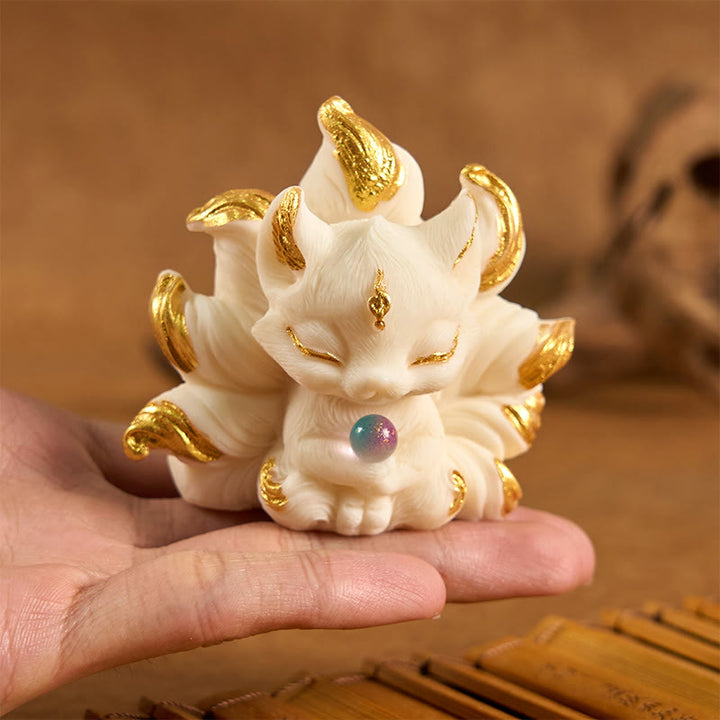 Buddha Stones, kleiner neunschwänziger Fuchs, geschnitzt, Elfenbein, Obststütze, Heimdekoration