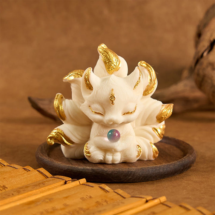 Buddha Stones, kleiner neunschwänziger Fuchs, geschnitzt, Elfenbein, Obststütze, Heimdekoration - Elfenbeinfarbene Frucht Goldener Fuchs 7,5 x 5,5 cm - image 0