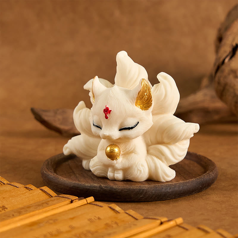 Buddha Stones, kleiner neunschwänziger Fuchs, geschnitzt, Elfenbein, Obststütze, Heimdekoration