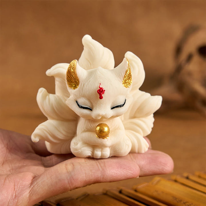 Buddha Stones, kleiner neunschwänziger Fuchs, geschnitzt, Elfenbein, Obststütze, Heimdekoration