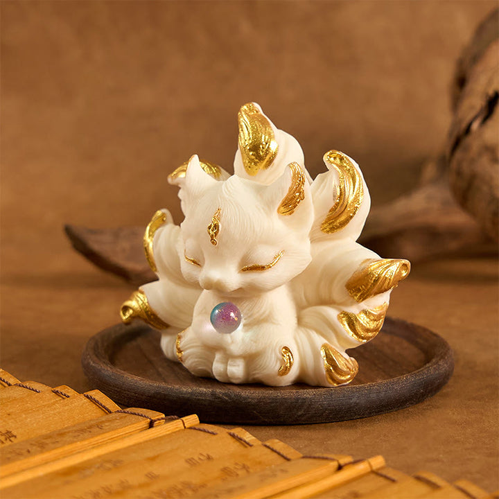 Buddha Stones, kleiner neunschwänziger Fuchs, geschnitzt, Elfenbein, Obststütze, Heimdekoration