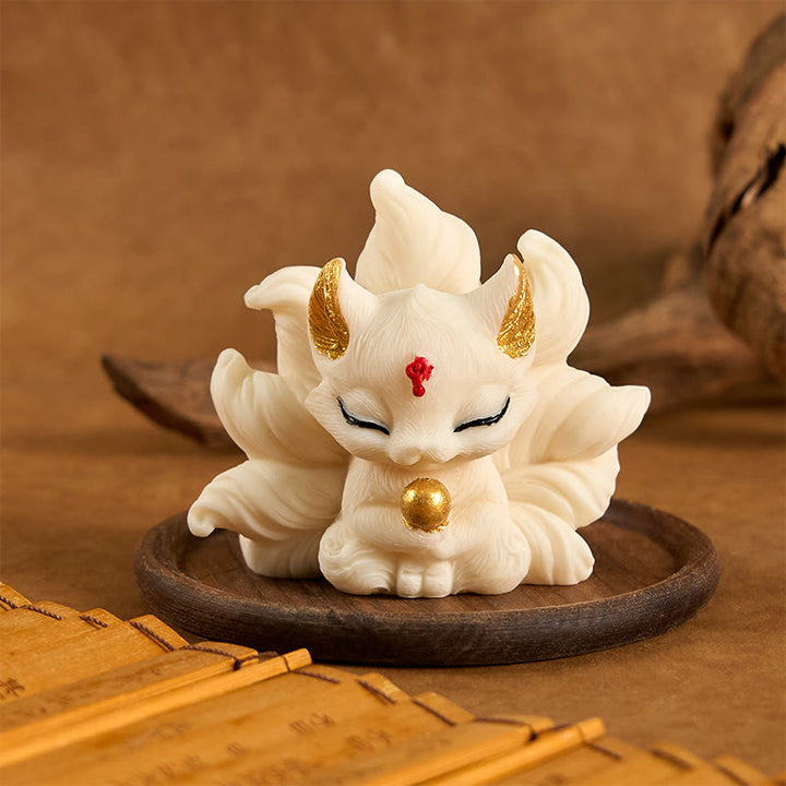 Buddha Stones, kleiner neunschwänziger Fuchs, geschnitzt, Elfenbein, Obststütze, Heimdekoration