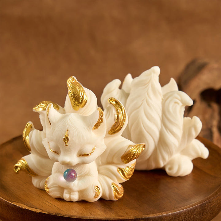 Buddha Stones, kleiner neunschwänziger Fuchs, geschnitzt, Elfenbein, Obststütze, Heimdekoration