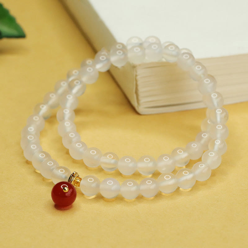 Buddha Stones Armband mit natürlicher Chalcedon- und roter Achatperle, doppellagig, Harmonie und positives Gefühl
