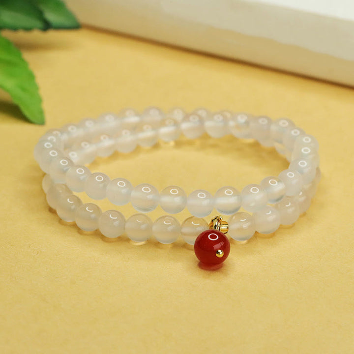 Buddha Stones Armband mit natürlicher Chalcedon- und roter Achatperle, doppellagig, Harmonie und positives Gefühl