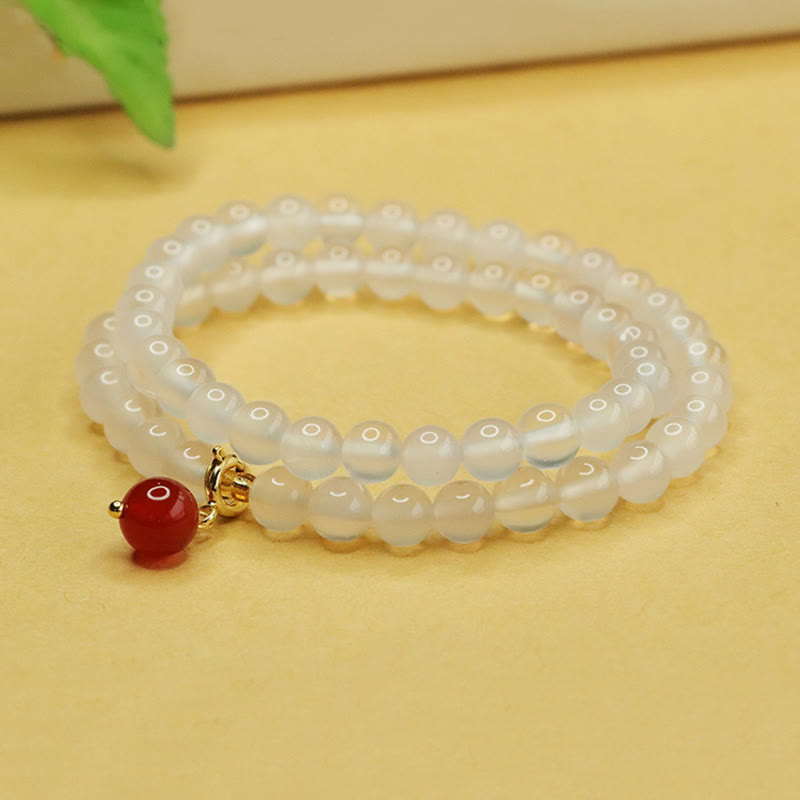 Buddha Stones Armband mit natürlicher Chalcedon- und roter Achatperle, doppellagig, Harmonie und positives Gefühl