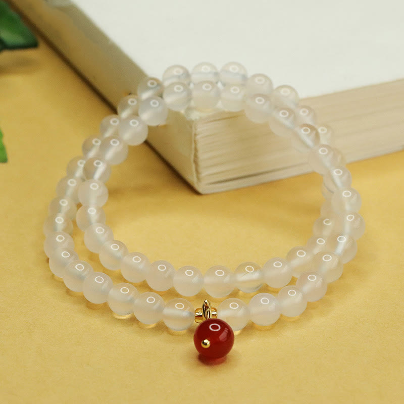 Buddha Stones Armband mit natürlicher Chalcedon- und roter Achatperle, doppellagig, Harmonie und positives Gefühl