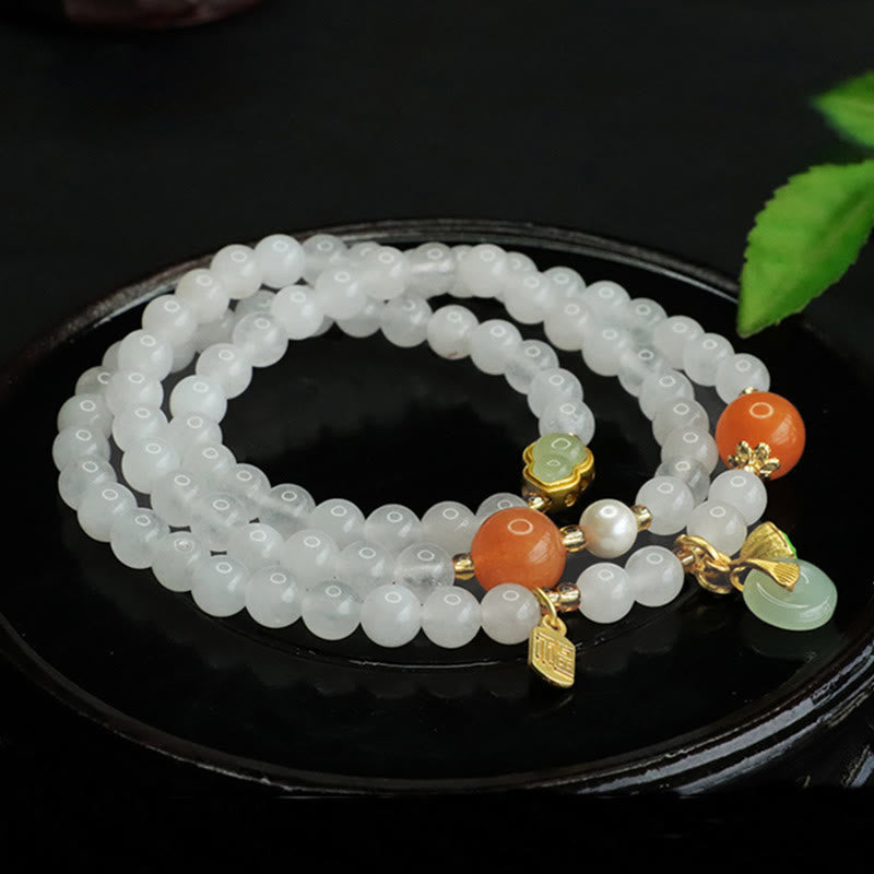 Buddha Stones Naturweiß Jade Mehrschichtiges Kürbis-Friedensschnalle Fu Charakter Glücksarmband