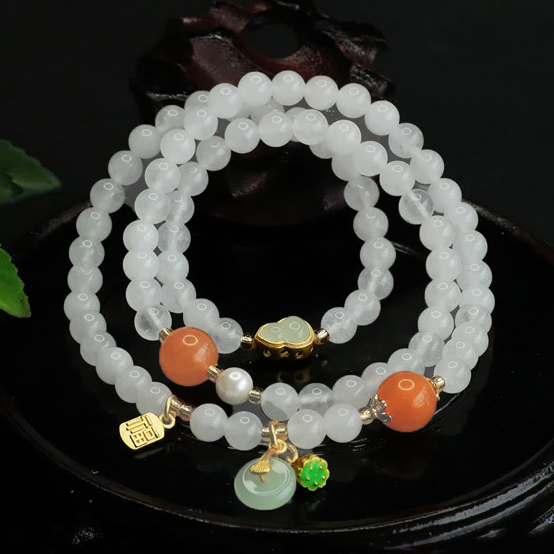 Buddha Stones Naturweiß Jade Mehrschichtiges Kürbis-Friedensschnalle Fu Charakter Glücksarmband