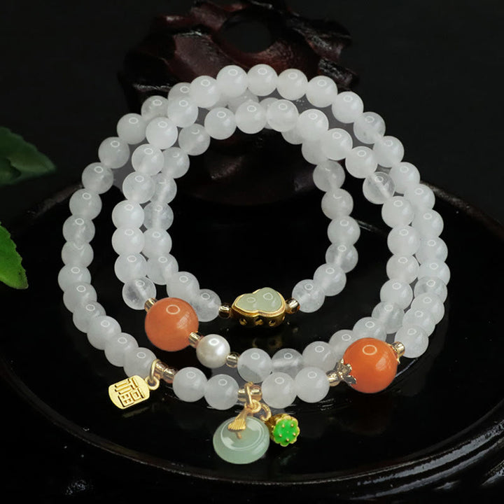 Buddha Stones Naturweiß Jade Mehrschichtiges Kürbis-Friedensschnalle Fu Charakter Glücksarmband