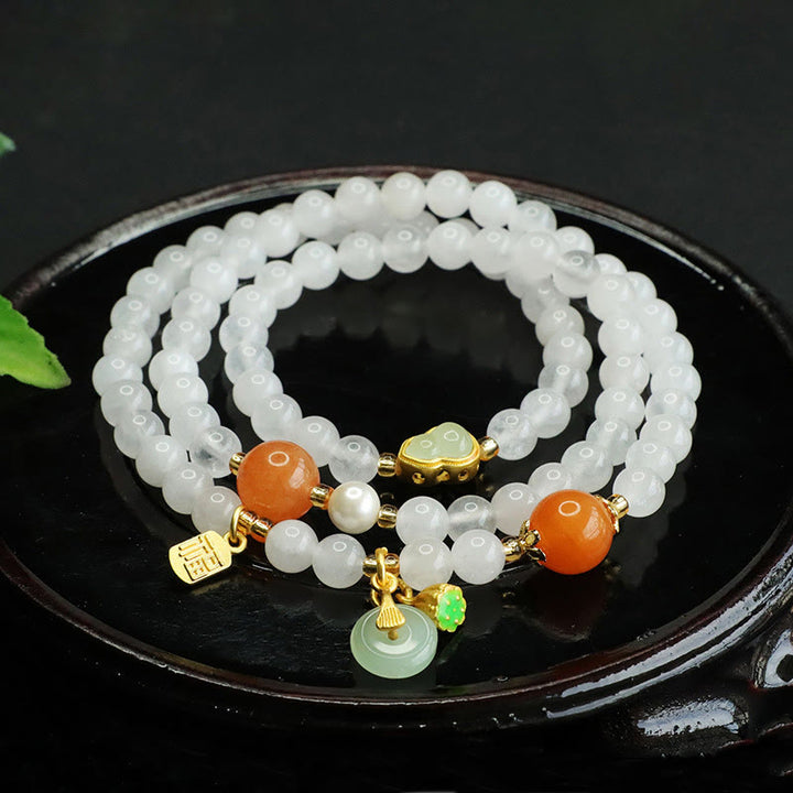 Buddha Stones Naturweiß Jade Mehrschichtiges Kürbis-Friedensschnalle Fu Charakter Glücksarmband