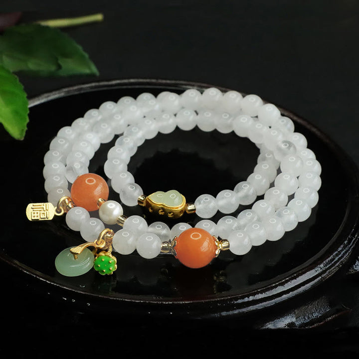 Buddha Stones Naturweiß Jade Mehrschichtiges Kürbis-Friedensschnalle Fu Charakter Glücksarmband
