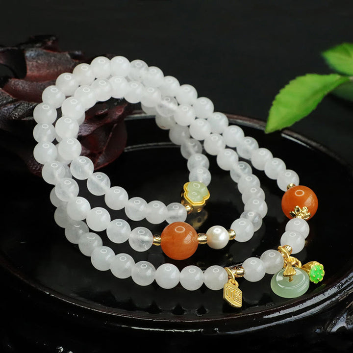 Buddha Stones Naturweiß Jade Mehrschichtiges Kürbis-Friedensschnalle Fu Charakter Glücksarmband