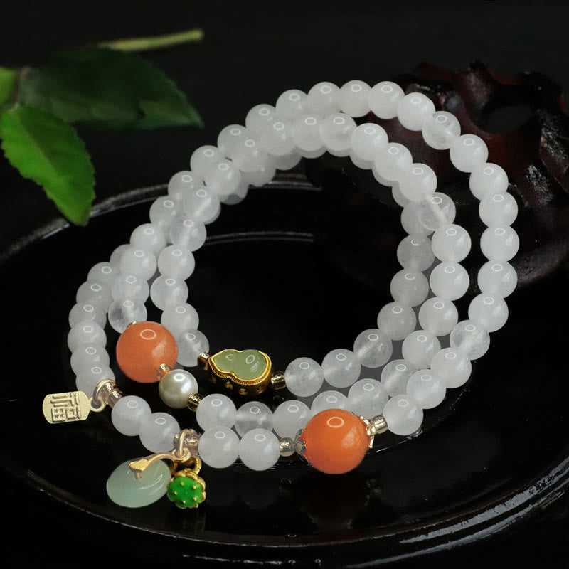 Buddha Stones Naturweiß Jade Mehrschichtiges Kürbis-Friedensschnalle Fu Charakter Glücksarmband